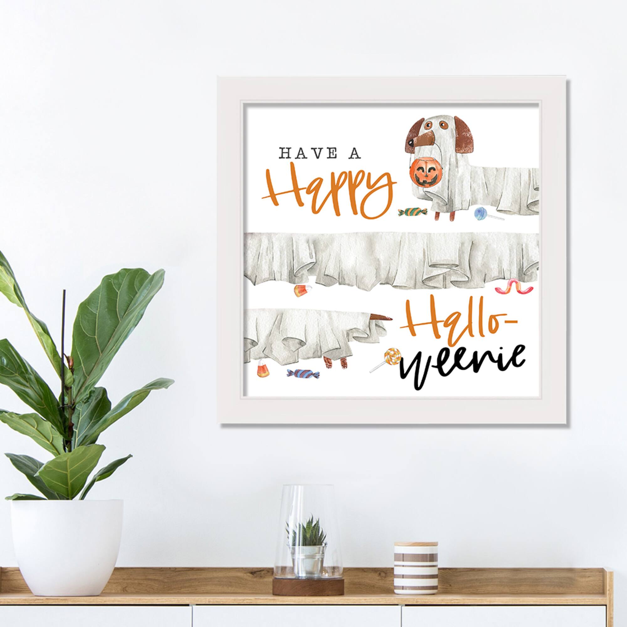 Happy Hallo-weenie Trick or Treat White Framed Print Wall Art